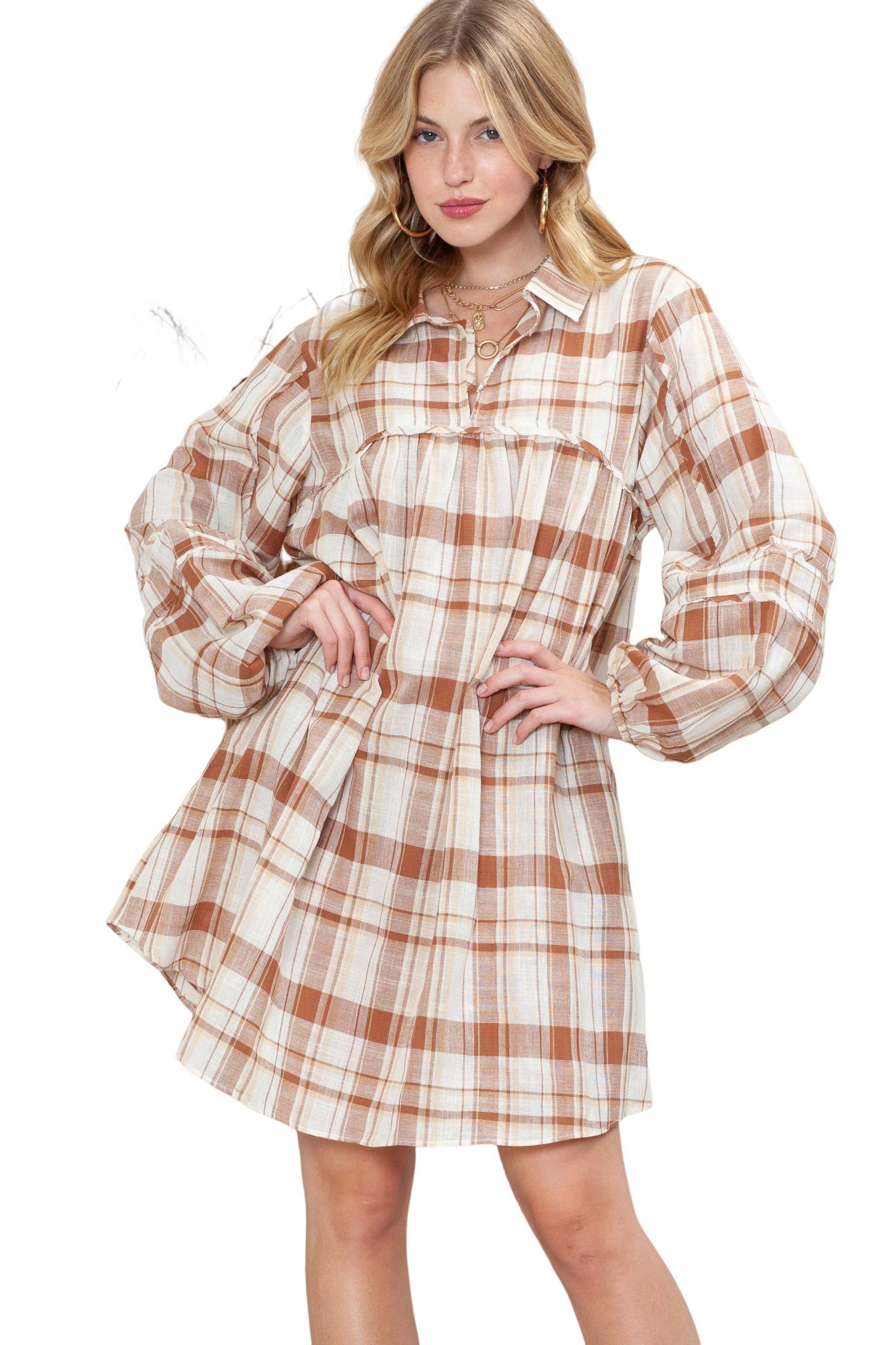 Brown Collared Long Sleeve Plaid Dress with Pockets - Vesteeto