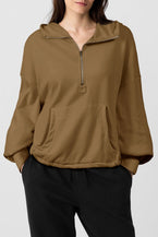 Brown Half Zipper Kangaroo Pockets Drop Shoulder Hoodie - Vesteeto