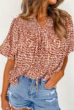 Brown Leopard Print Smocked Neck Puff Sleeve Blouse - Vesteeto