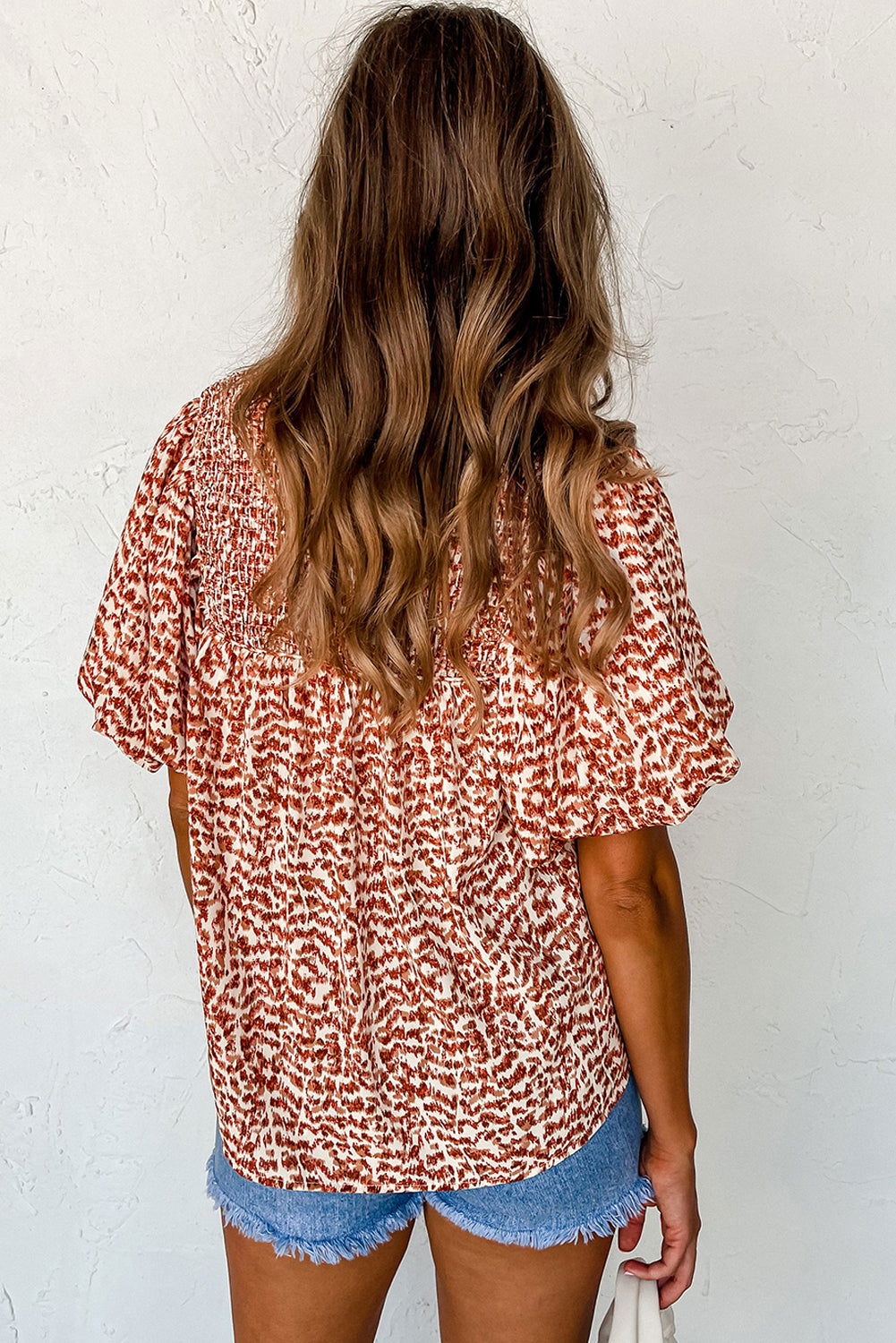 Brown Leopard Print Smocked Neck Puff Sleeve Blouse - Vesteeto