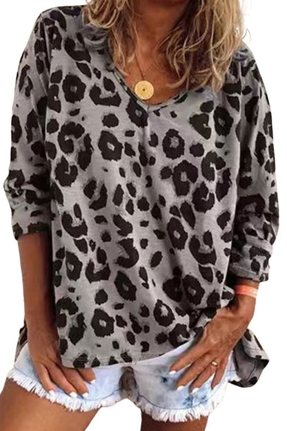 Brown Leopard Split V Neck Long Sleeve Shirt - Vesteeto