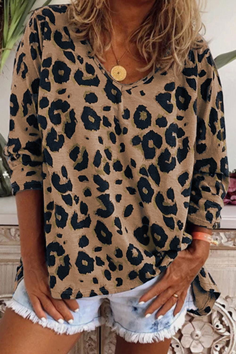 Brown Leopard Split V Neck Long Sleeve Shirt - Vesteeto