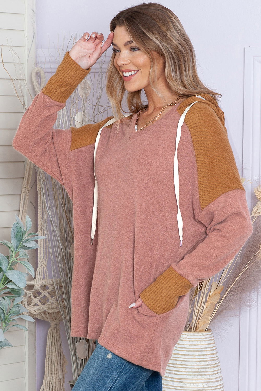 Brown Patchwork Casual Drawstring Tunic Hoodie - Vesteeto