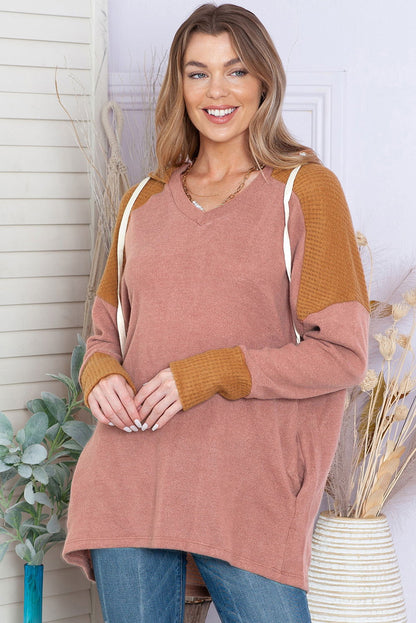 Brown Patchwork Casual Drawstring Tunic Hoodie - Vesteeto