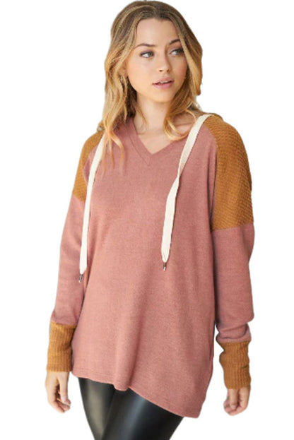 Brown Patchwork Casual Drawstring Tunic Hoodie - Vesteeto