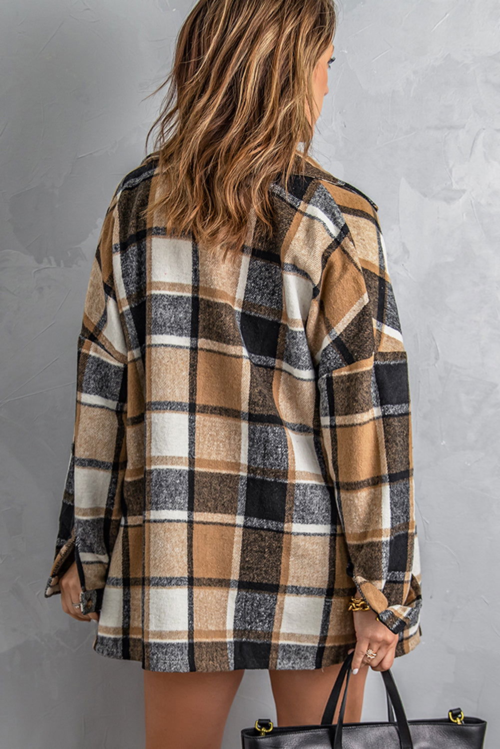 Brown Plaid Button Up Long Sleeve Flannel Shacket - Vesteeto