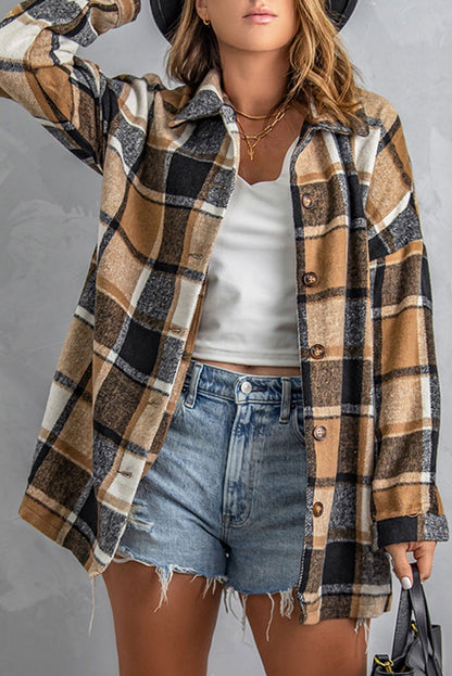 Brown Plaid Button Up Long Sleeve Flannel Shacket - Vesteeto