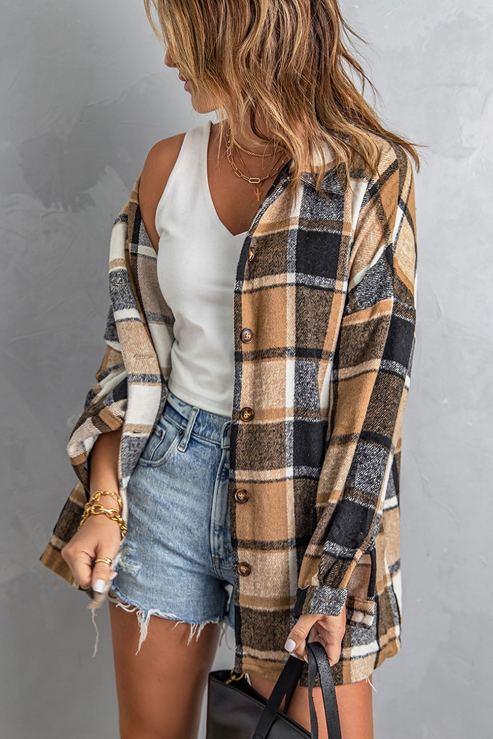 Brown Plaid Button Up Long Sleeve Flannel Shacket - Vesteeto