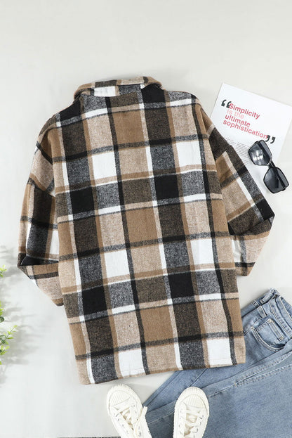 Brown Plaid Button Up Long Sleeve Flannel Shacket - Vesteeto