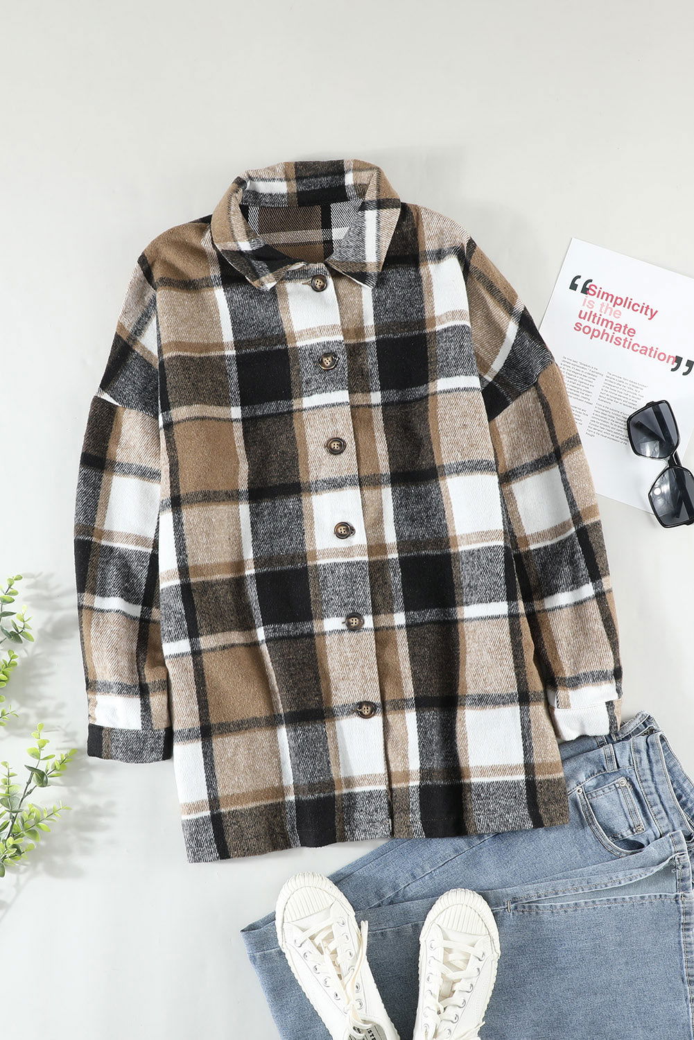 Brown Plaid Button Up Long Sleeve Flannel Shacket - Vesteeto