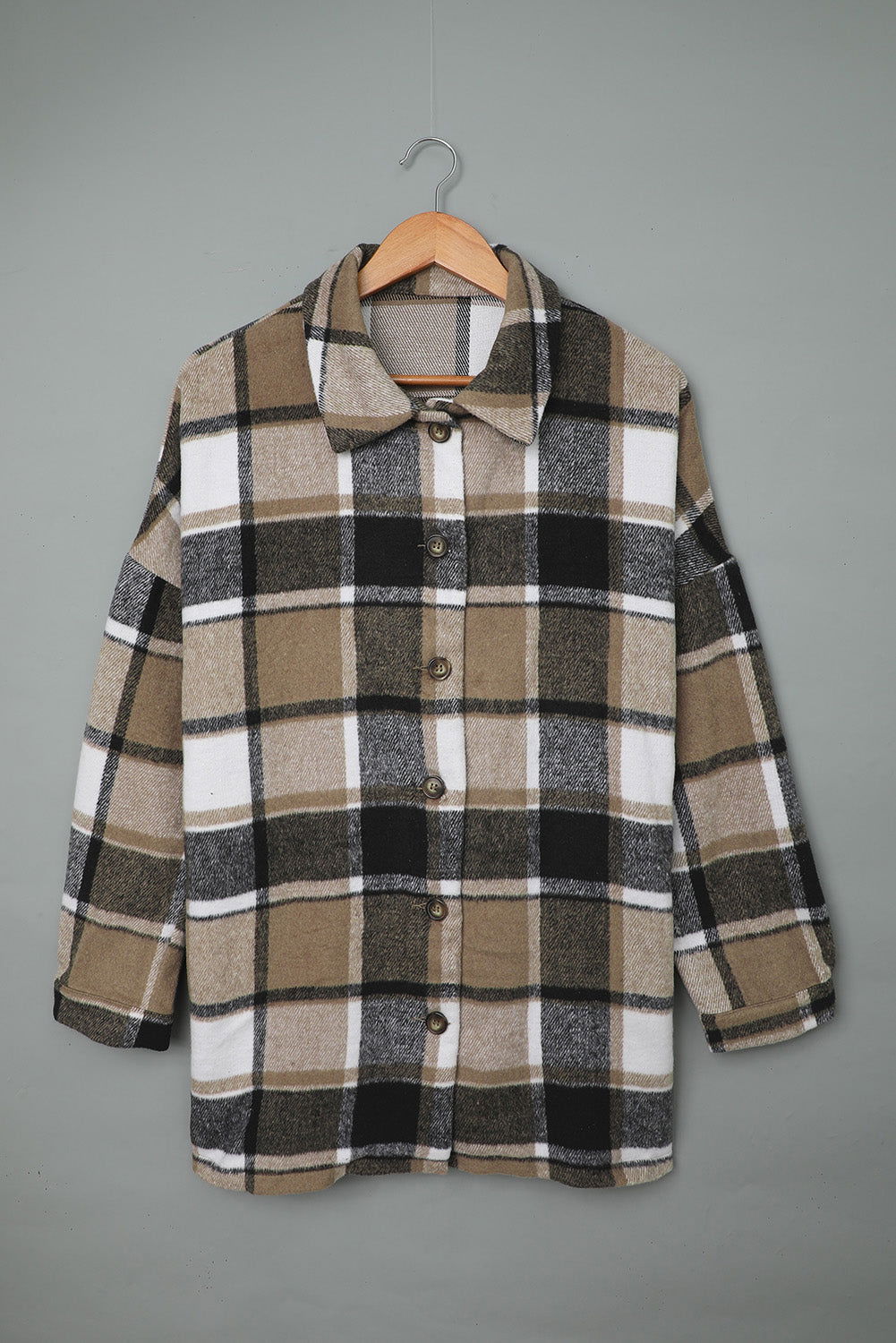 Brown Plaid Button Up Long Sleeve Flannel Shacket - Vesteeto