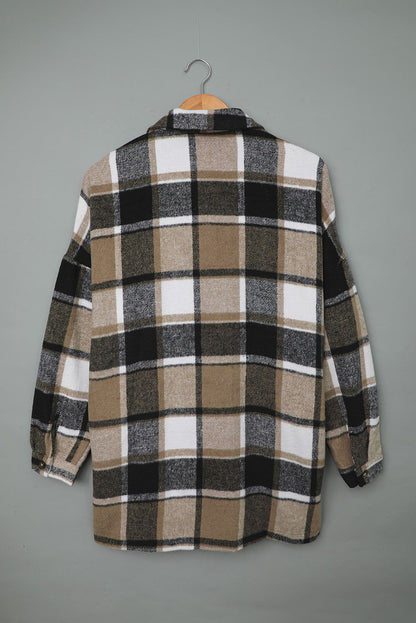 Brown Plaid Button Up Long Sleeve Flannel Shacket - Vesteeto