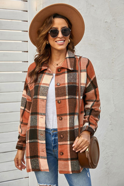 Brown Plaid Button Up Long Sleeve Flannel Shacket - Vesteeto