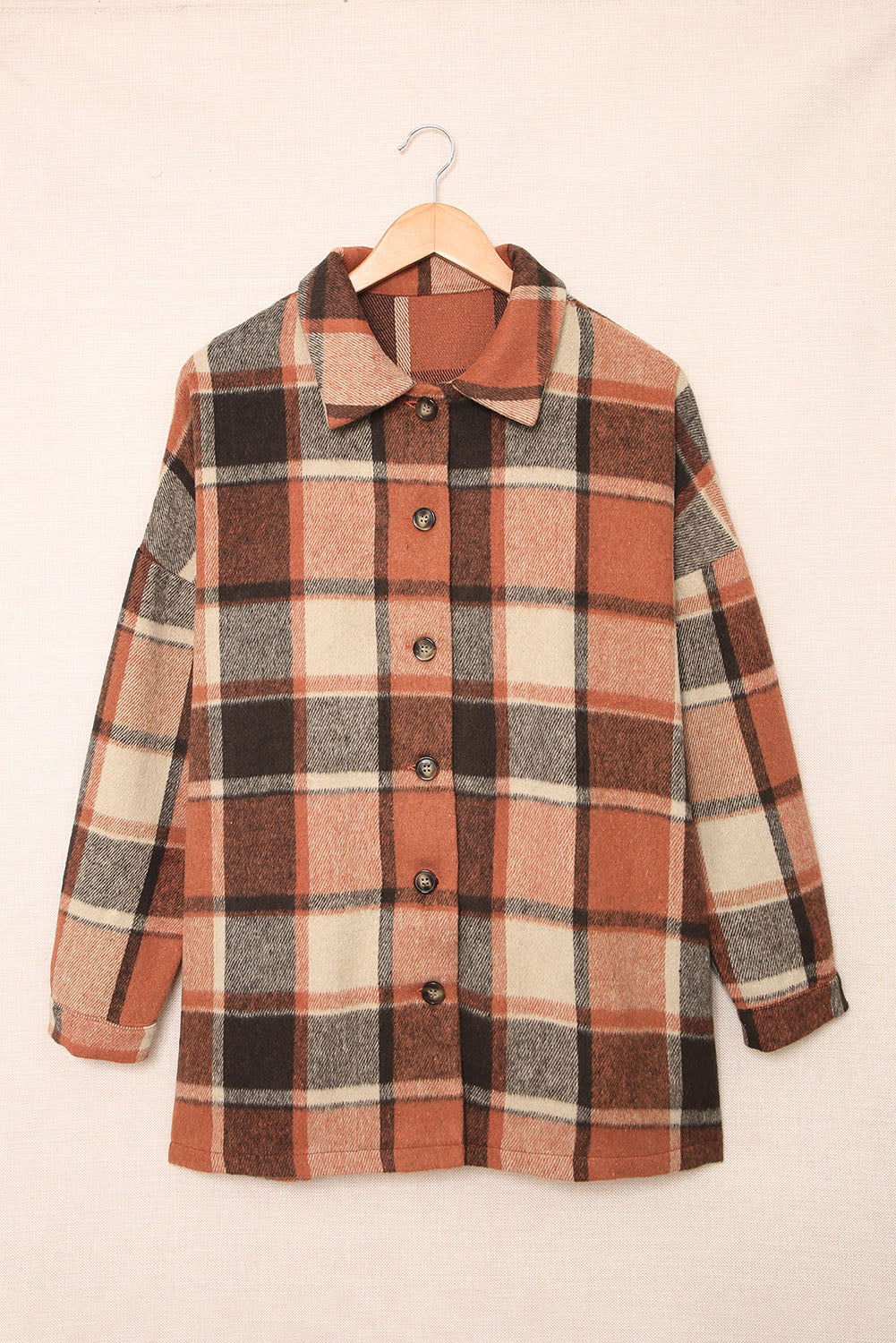 Brown Plaid Button Up Long Sleeve Flannel Shacket - Vesteeto