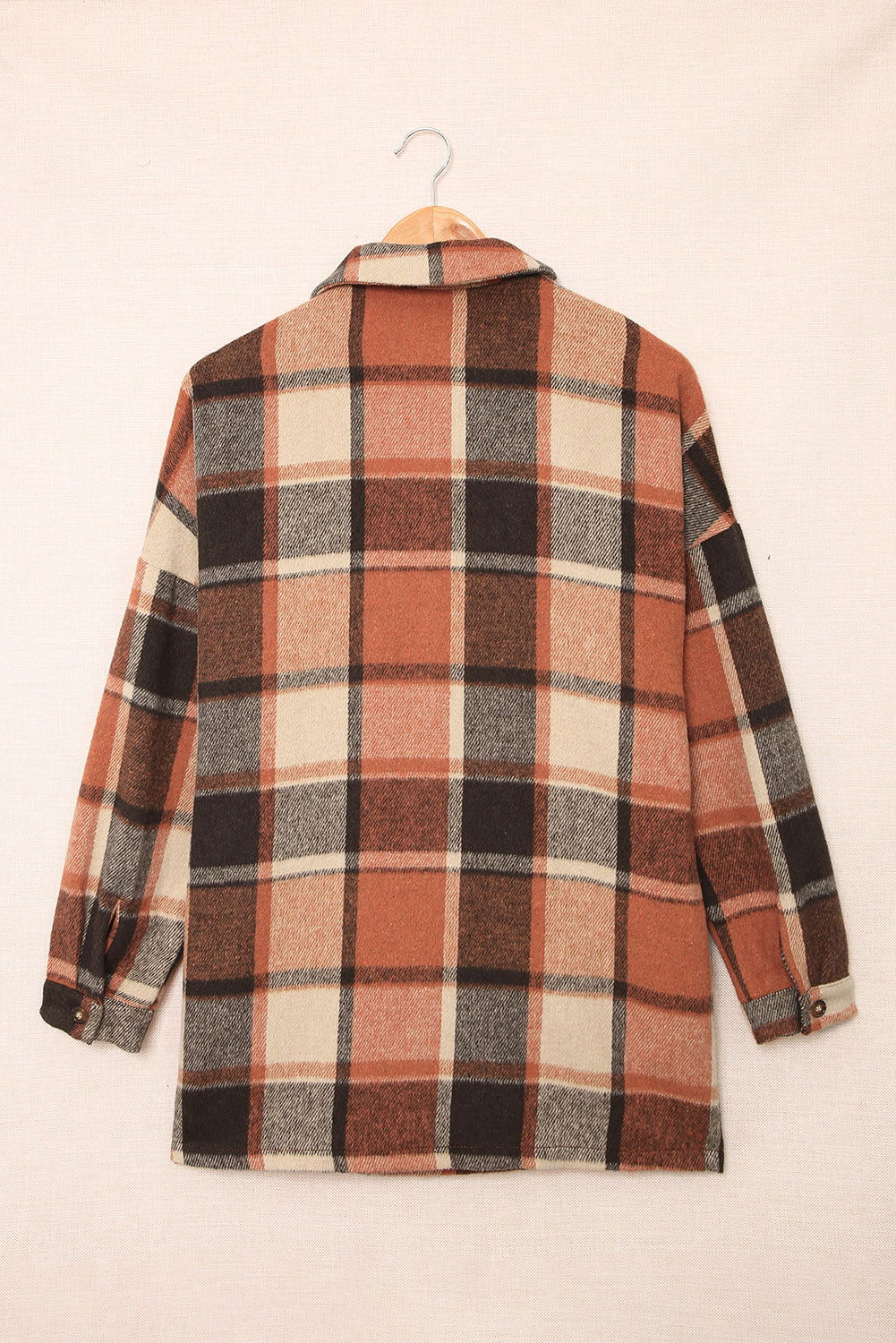 Brown Plaid Button Up Long Sleeve Flannel Shacket - Vesteeto