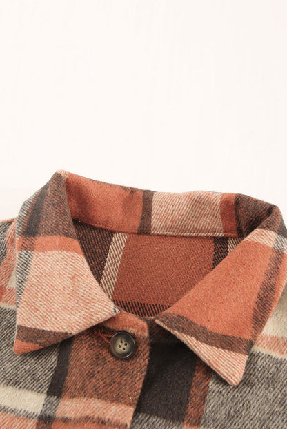 Brown Plaid Button Up Long Sleeve Flannel Shacket - Vesteeto