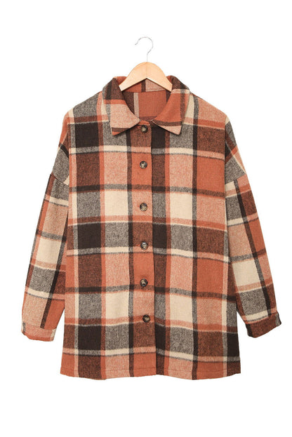 Brown Plaid Button Up Long Sleeve Flannel Shacket - Vesteeto