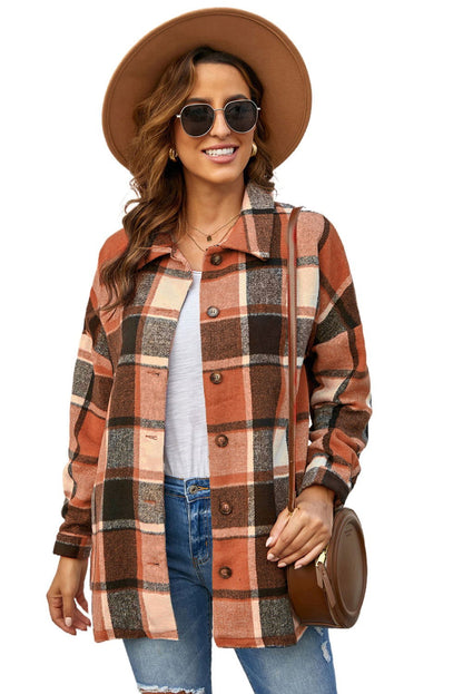 Brown Plaid Button Up Long Sleeve Flannel Shacket - Vesteeto