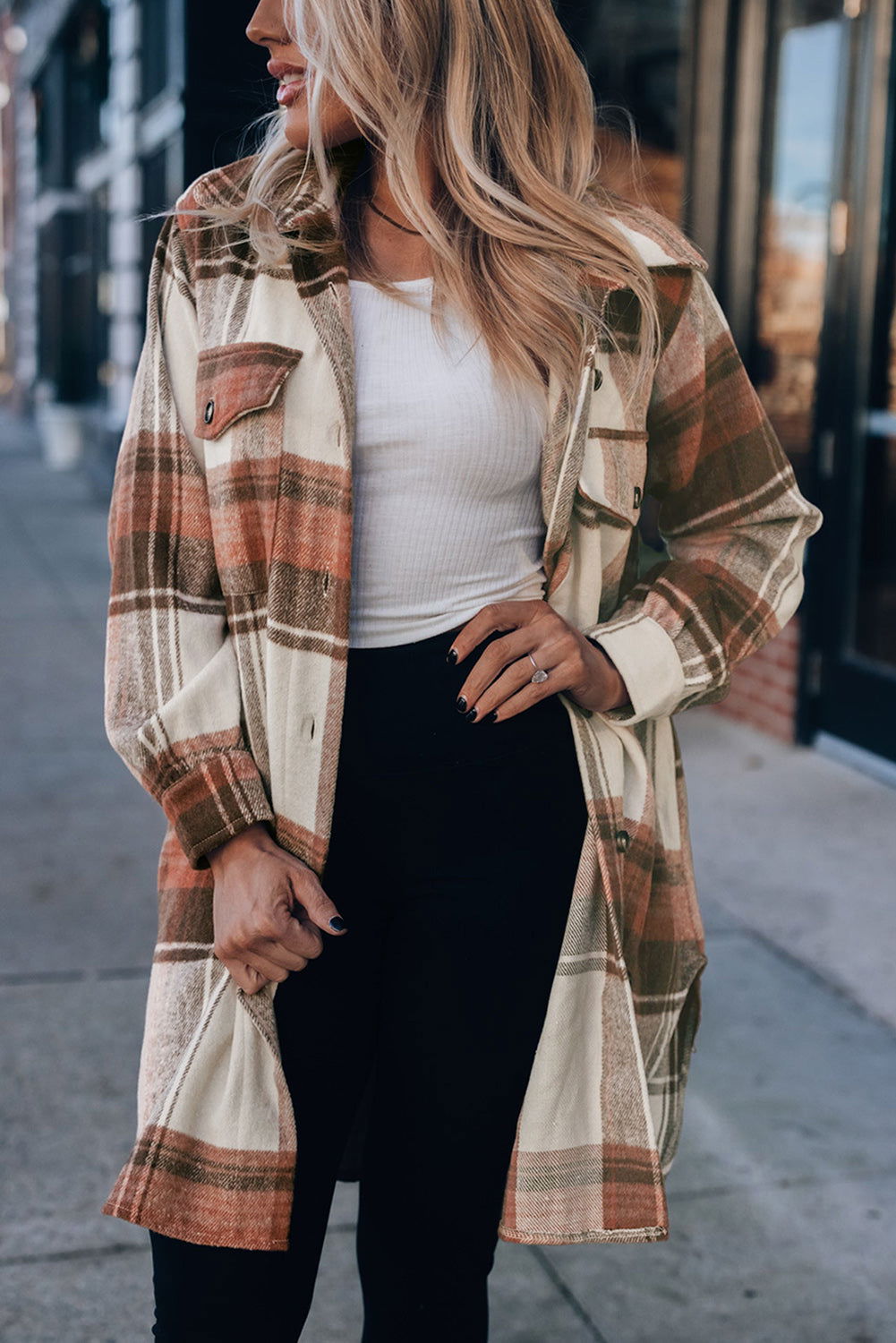 Brown Plaid Casual Button Up Flannel Long Shacket with Flap Pockets - Vesteeto