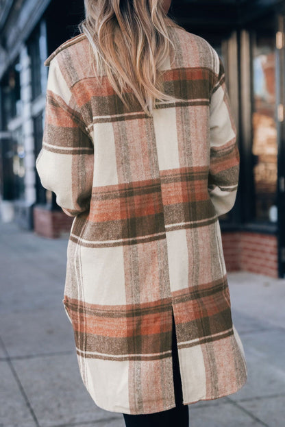 Brown Plaid Casual Button Up Flannel Long Shacket with Flap Pockets - Vesteeto