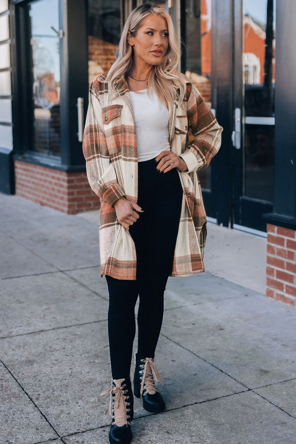 Brown Plaid Casual Button Up Flannel Long Shacket with Flap Pockets - Vesteeto