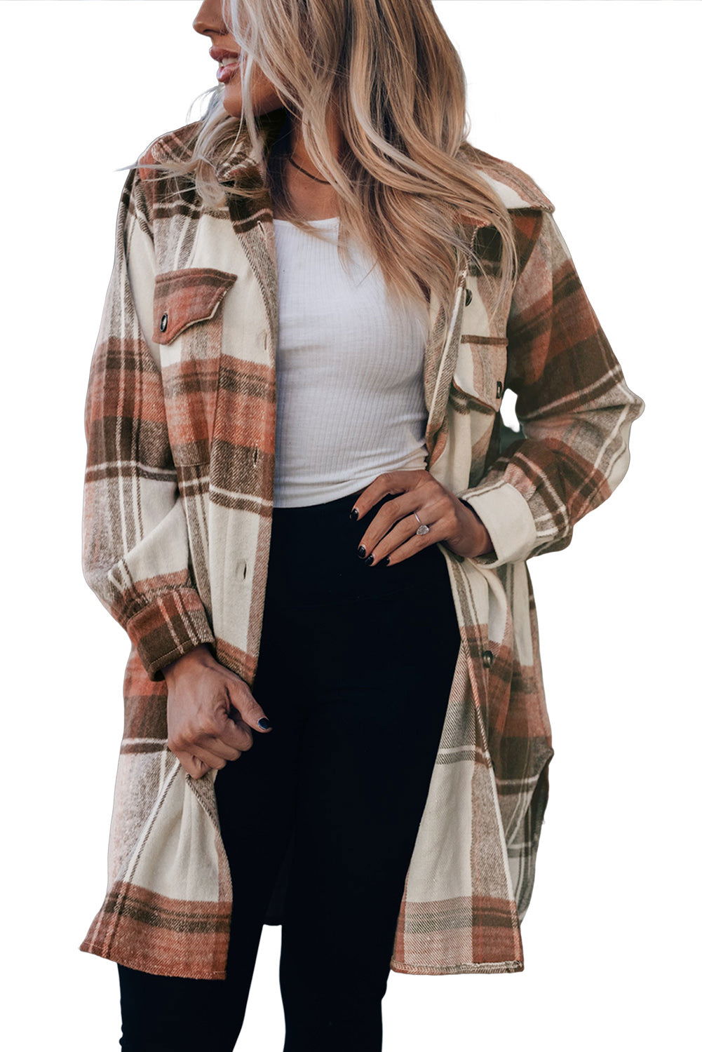 Brown Plaid Casual Button Up Flannel Long Shacket with Flap Pockets - Vesteeto