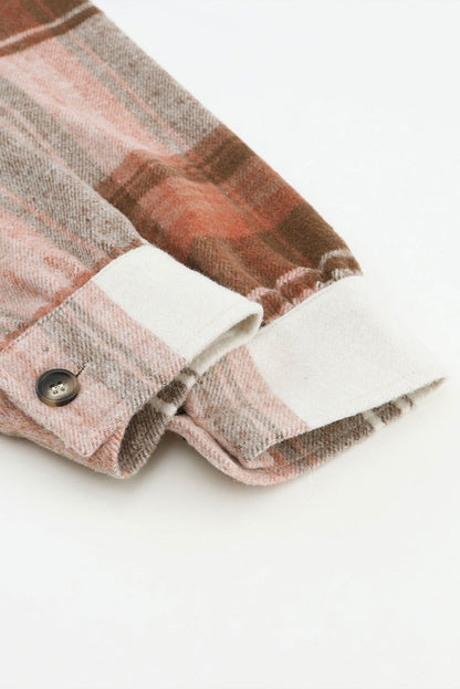 Brown Plaid Casual Button Up Flannel Long Shacket with Flap Pockets - Vesteeto