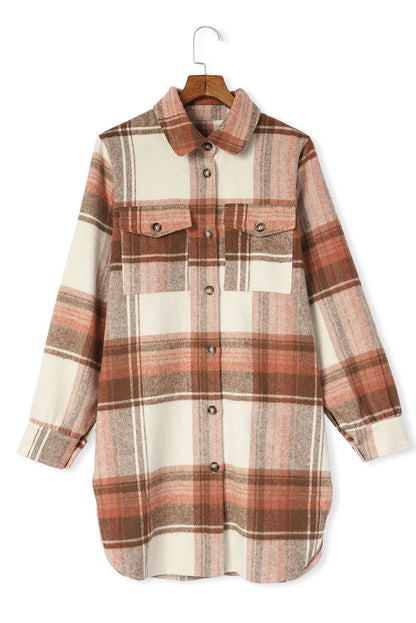 Brown Plaid Casual Button Up Flannel Long Shacket with Flap Pockets - Vesteeto