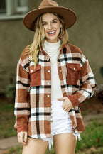 Brown Plaid Pocket Casual Buttons Up Shirt Shacket - Vesteeto