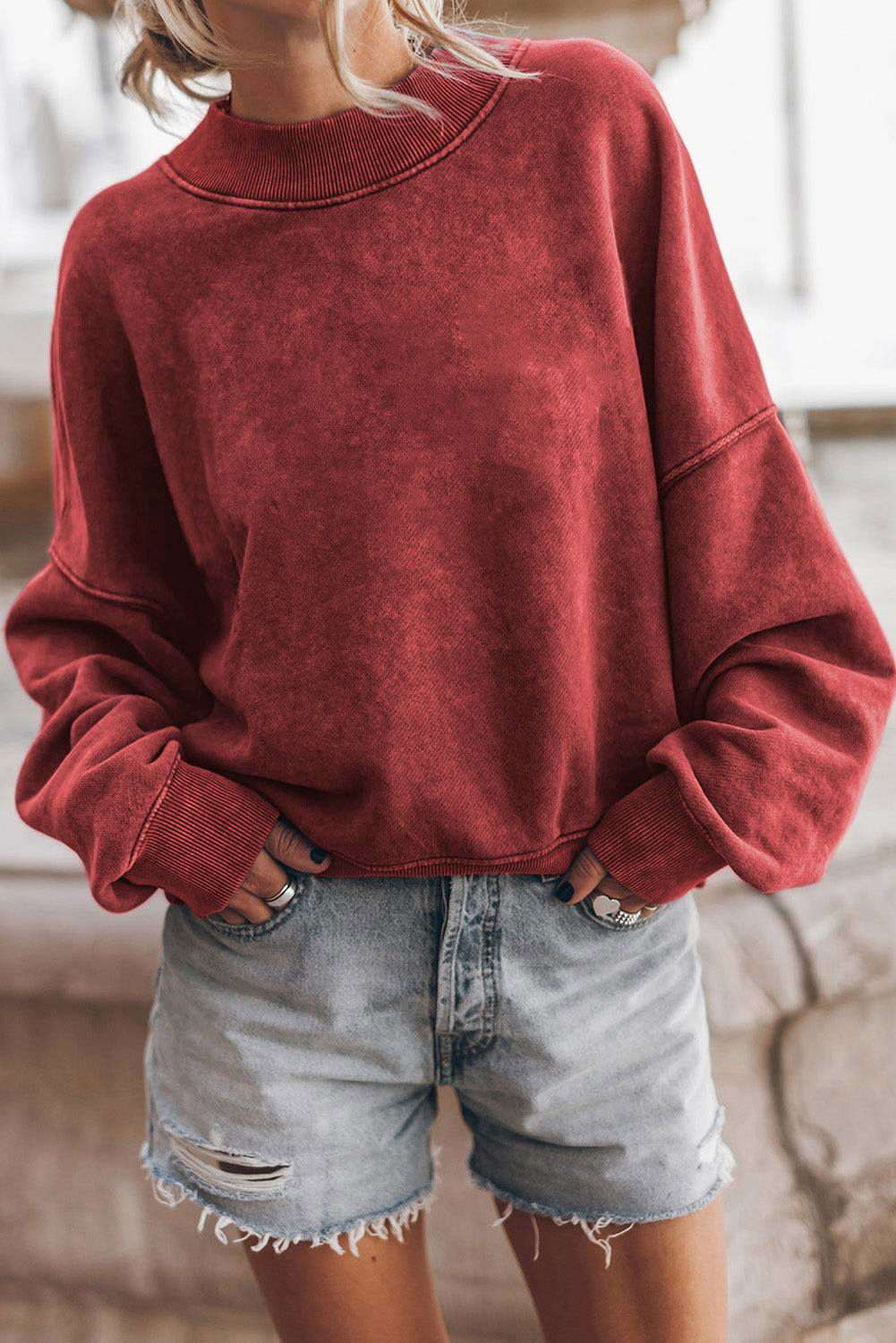 Brown Plain Drop Shoulder Crew Neck Pullover Sweatshirt - Vesteeto