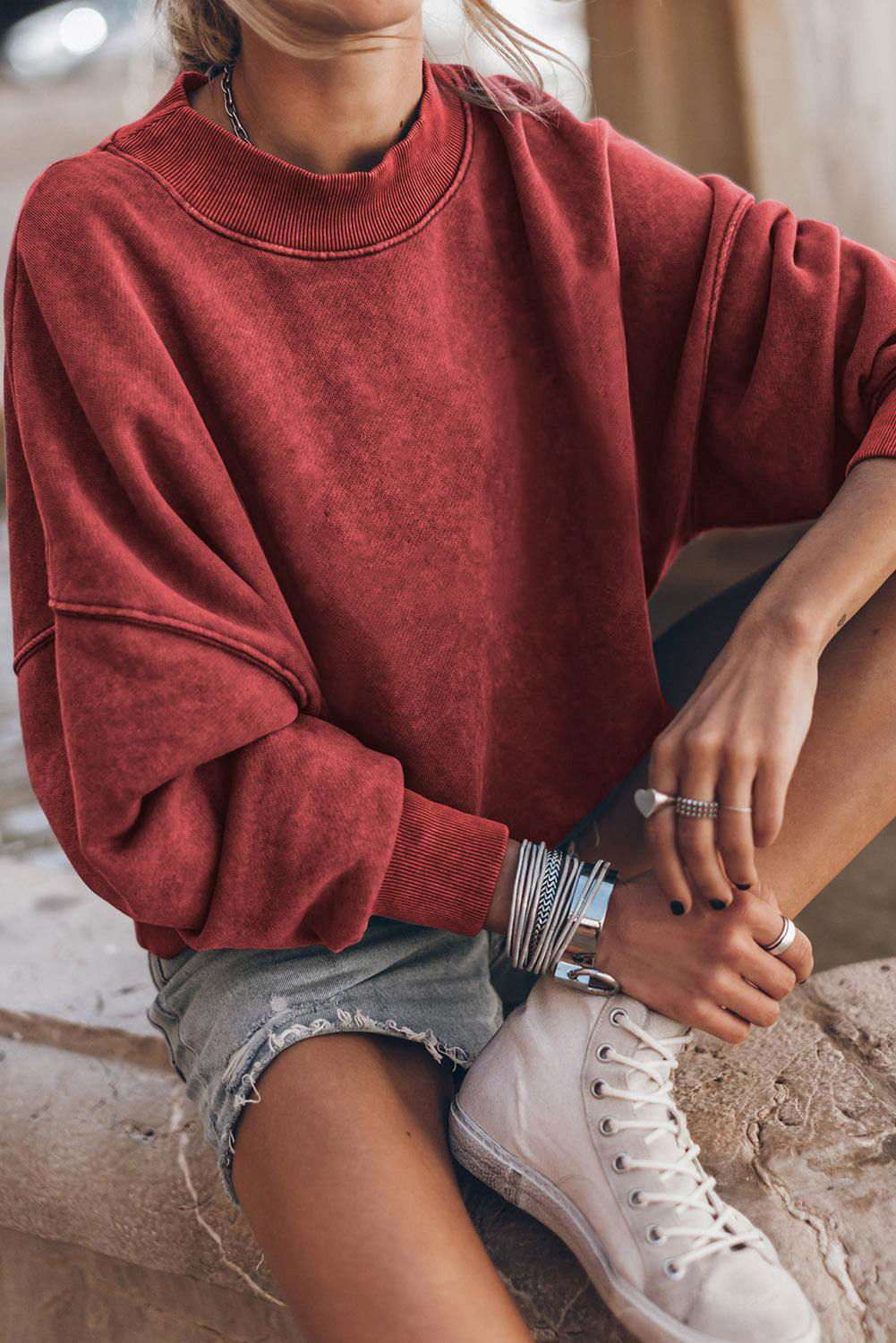 Brown Plain Drop Shoulder Crew Neck Pullover Sweatshirt - Vesteeto