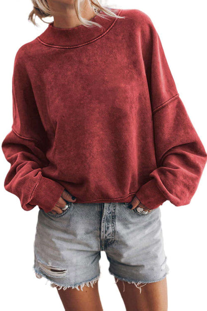 Brown Plain Drop Shoulder Crew Neck Pullover Sweatshirt - Vesteeto