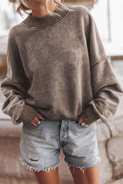 Brown Plain Drop Shoulder Crew Neck Pullover Sweatshirt - Vesteeto