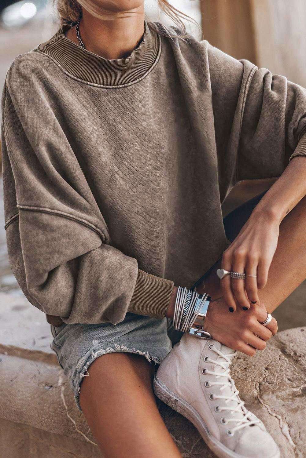 Brown Plain Drop Shoulder Crew Neck Pullover Sweatshirt - Vesteeto