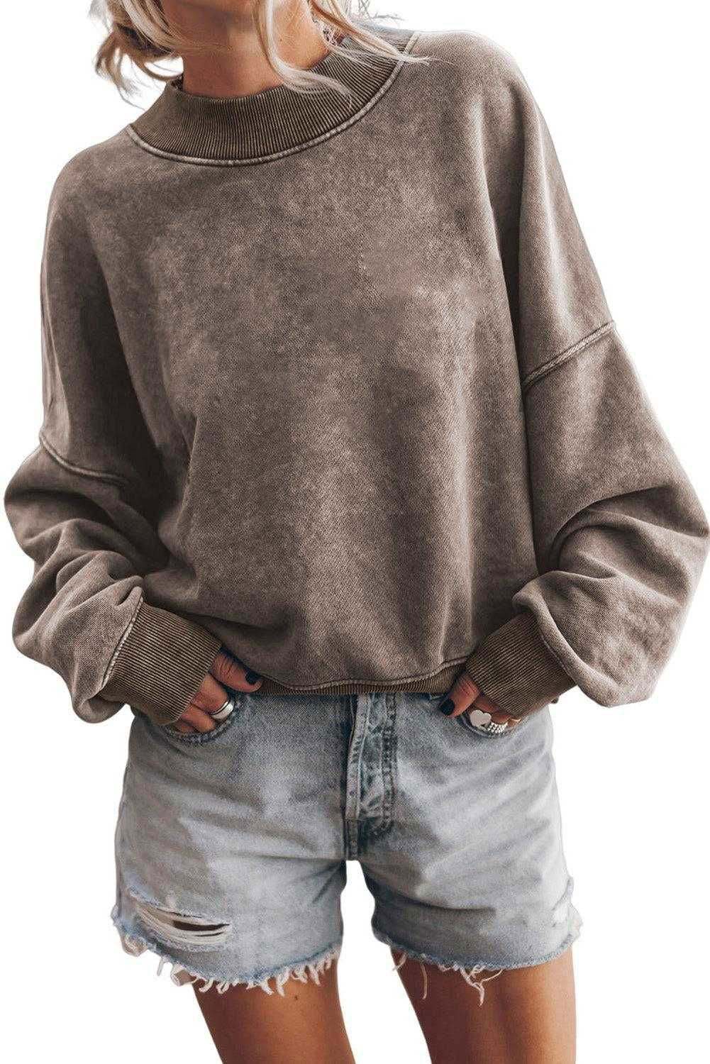 Brown Plain Drop Shoulder Crew Neck Pullover Sweatshirt - Vesteeto