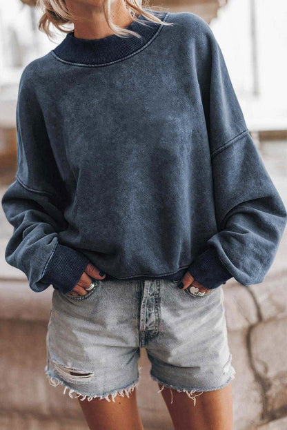 Brown Plain Drop Shoulder Crew Neck Pullover Sweatshirt - Vesteeto