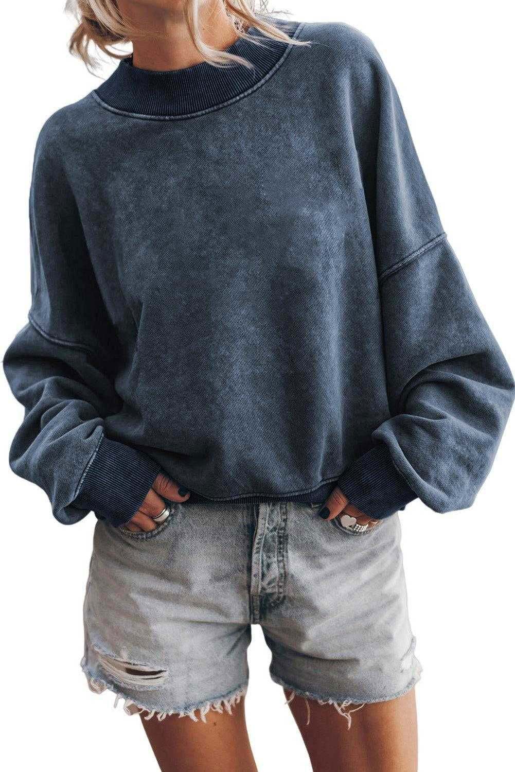 Brown Plain Drop Shoulder Crew Neck Pullover Sweatshirt - Vesteeto