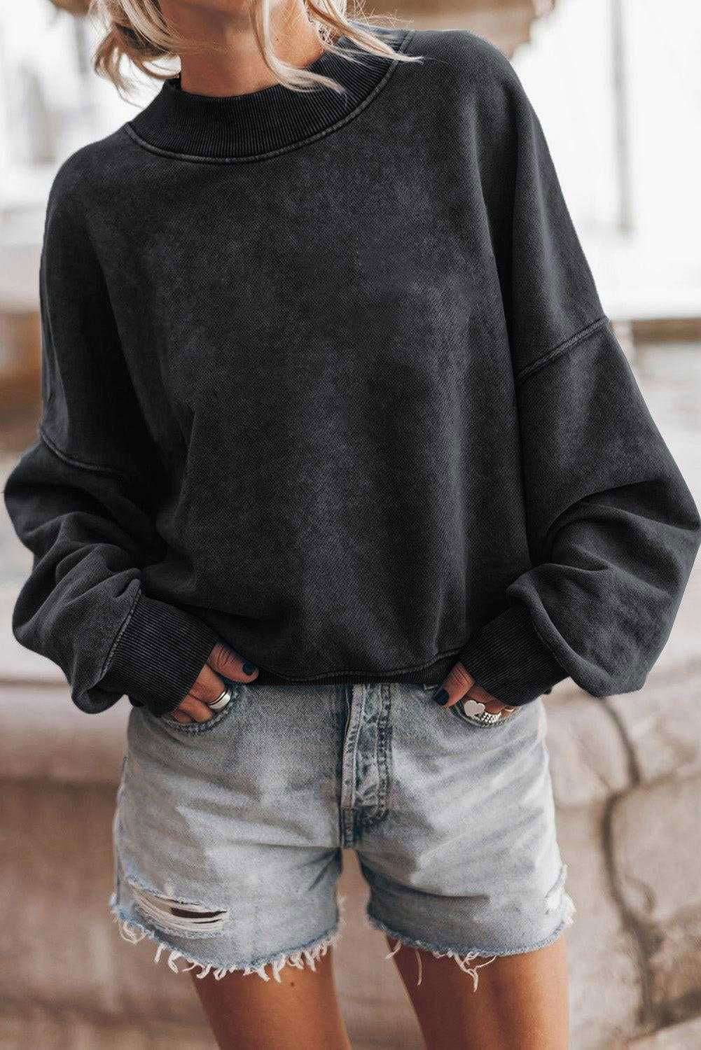 Brown Plain Drop Shoulder Crew Neck Pullover Sweatshirt - Vesteeto