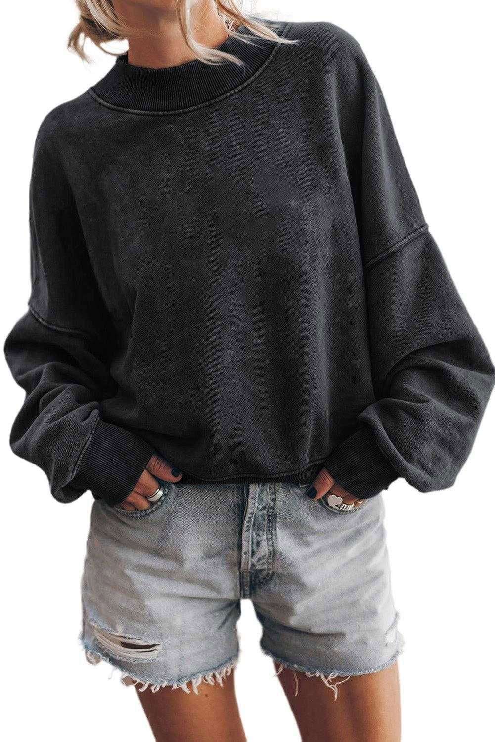 Brown Plain Drop Shoulder Crew Neck Pullover Sweatshirt - Vesteeto