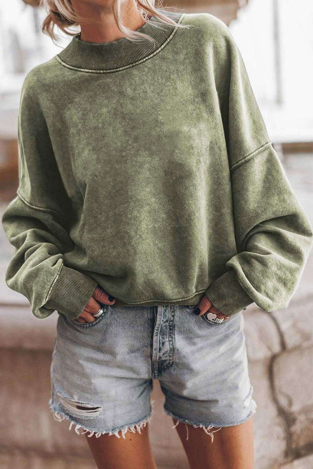 Brown Plain Drop Shoulder Crew Neck Pullover Sweatshirt - Vesteeto