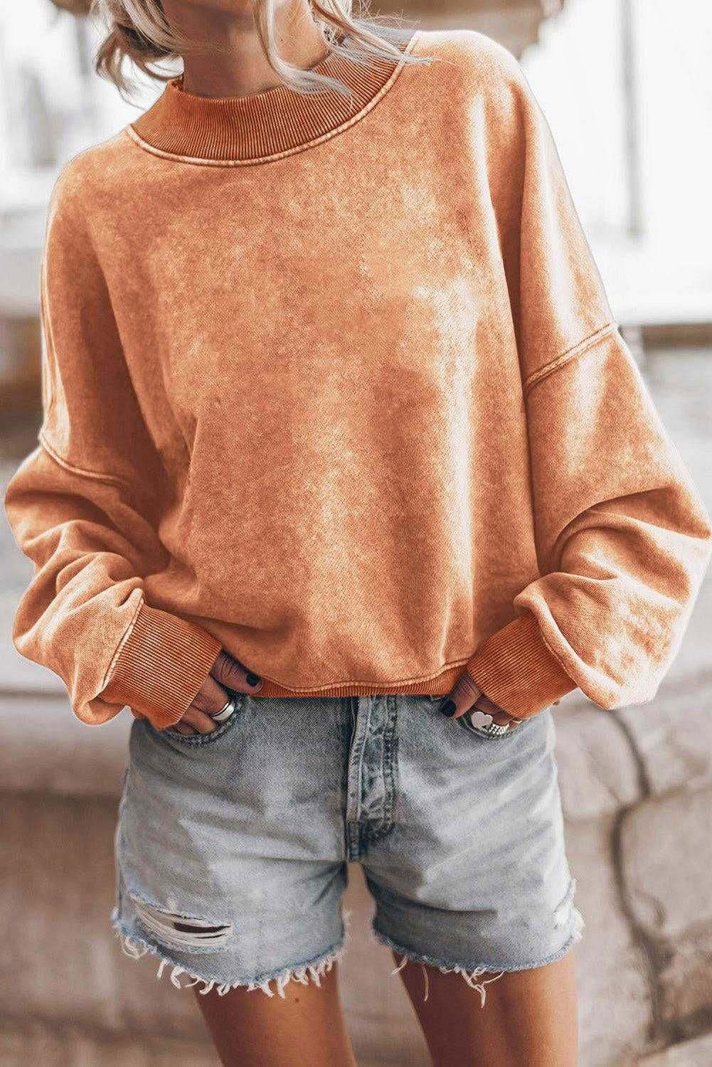 Brown Plain Drop Shoulder Crew Neck Pullover Sweatshirt - Vesteeto