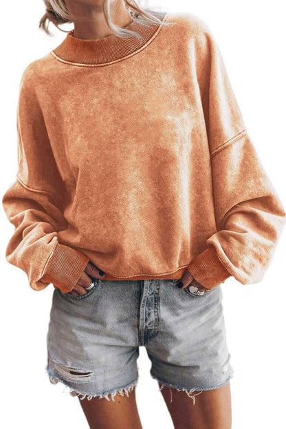 Brown Plain Drop Shoulder Crew Neck Pullover Sweatshirt - Vesteeto