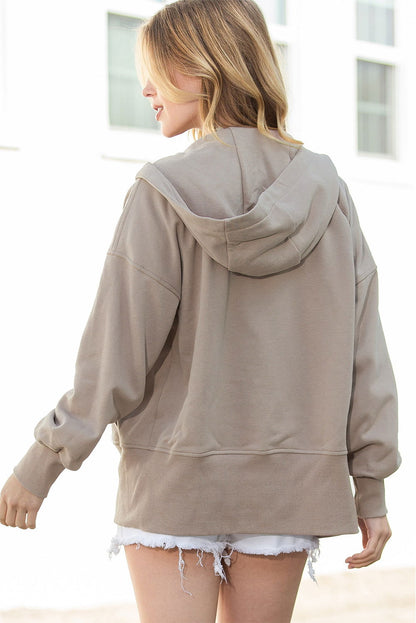 Brown Plain Pockets Zip Up Drawstring Hoodie - Vesteeto