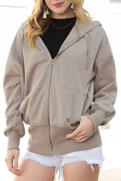 Brown Plain Pockets Zip Up Drawstring Hoodie - Vesteeto