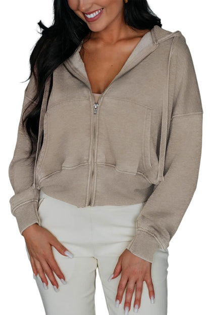 Brown Plain Pockets Zip Up Drawstring Hoodie - Vesteeto