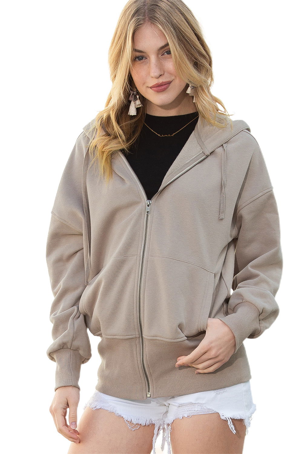 Brown Plain Pockets Zip Up Drawstring Hoodie - Vesteeto