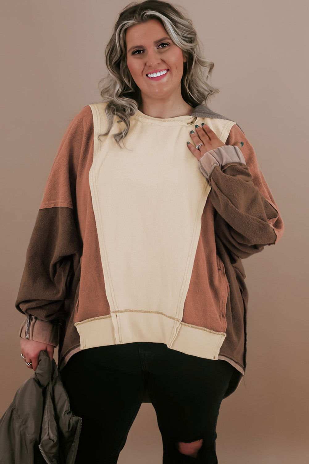 Brown Plus Size Exposed Seam Patchwork Sweatshirt - Vesteeto