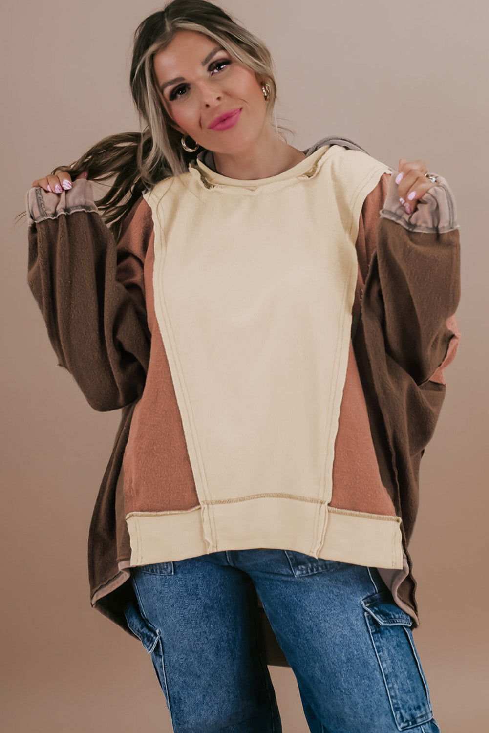 Brown Plus Size Exposed Seam Patchwork Sweatshirt - Vesteeto