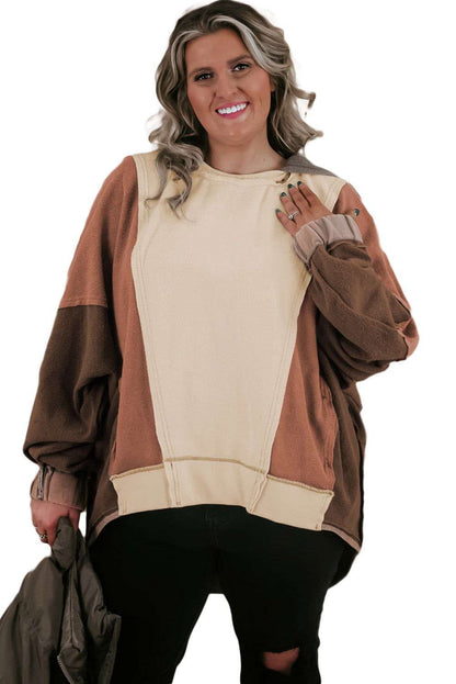 Brown Plus Size Exposed Seam Patchwork Sweatshirt - Vesteeto