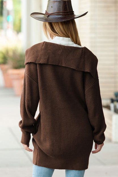 Brown Pocketed Button Up Chunky Knit Cardigan - Vesteeto